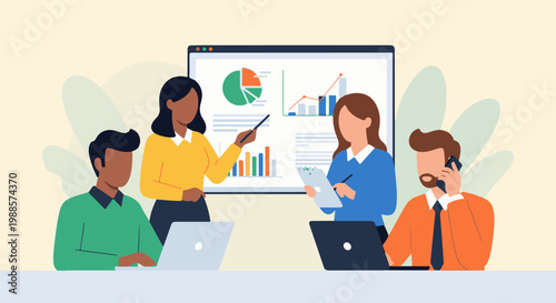 Diverse professionals in a meeting, presenting data on a screen and taking notes