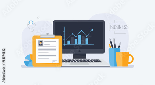 Desk setup with computer displaying charts, resume, and office supplies for business success