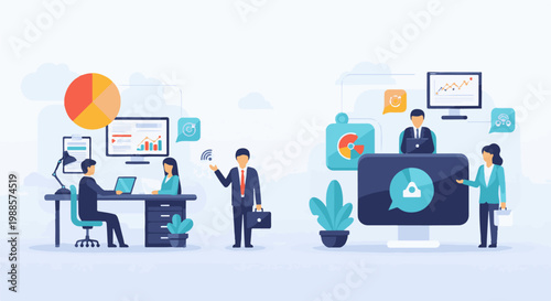 Diverse professionals collaborate on data visualization, discuss strategies in bright, modern office