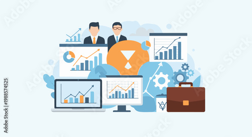 Professionals analyze business growth charts on monitors, with a briefcase and hourglass symbol