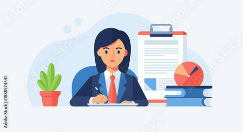 A woman in a suit at a desk, writing with a pen next to a plant, clipboard, pie chart, and books