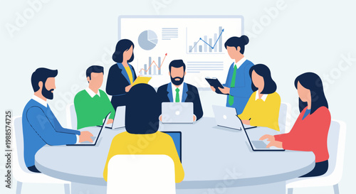 Diverse professionals collaborate around a table, presenting charts and data