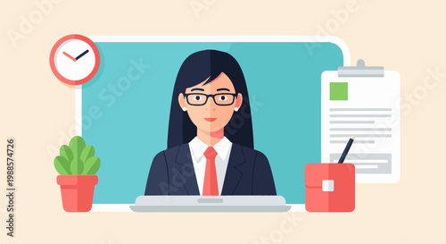 Professional woman at desk with laptop, clock, plant, and documents