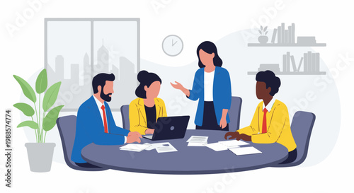 Diverse professionals collaborate around a table in a modern office with city views