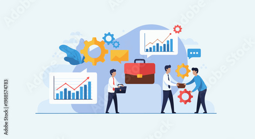 Colleagues collaborate on business growth with charts, gears, and communication icons