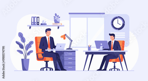 Two businessmen work at desks in a modern office with plants and a clock