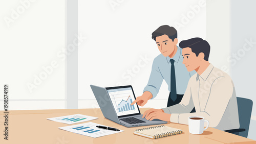 Two men analyzing data on a laptop