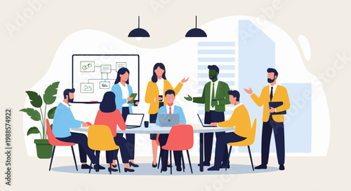 A diverse group of professionals collaborates around a table in a modern office setting (1)