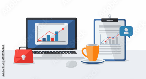 Business analysis with charts, laptop, coffee, and a secure briefcase