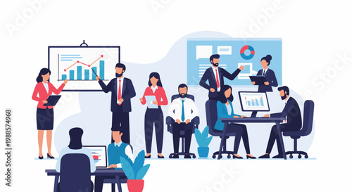 Diverse professionals collaborate in a modern office, analyzing charts and data