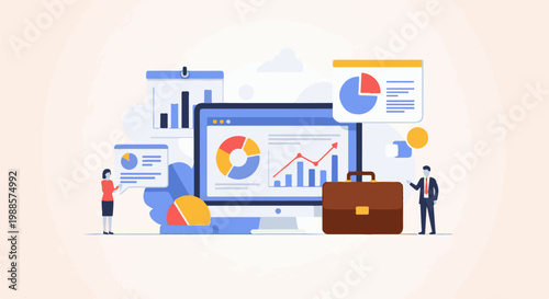 Diverse professionals analyze business growth data using charts and graphs on a computer