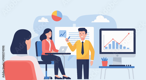Business meeting with people presenting data and charts on screen