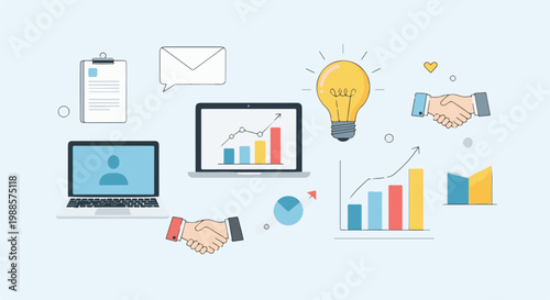 A collection of business and finance-related icons on a light blue background