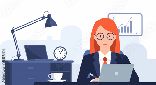 A woman with red hair, wearing glasses, sits at a desk with laptops, a clock, and a coffee cup