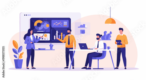 Team presenting data analytics and business strategy on screen