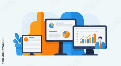 Three monitors display charts and graphs, with a stylized figure in a suit on the right