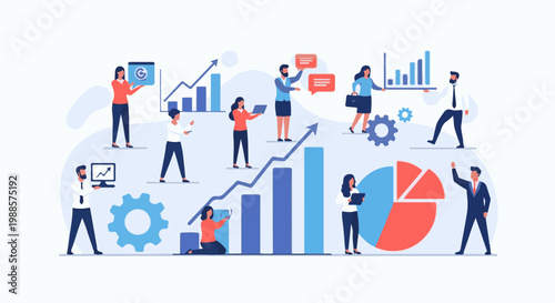 Diverse professionals collaborating around charts, graphs, and digital devices