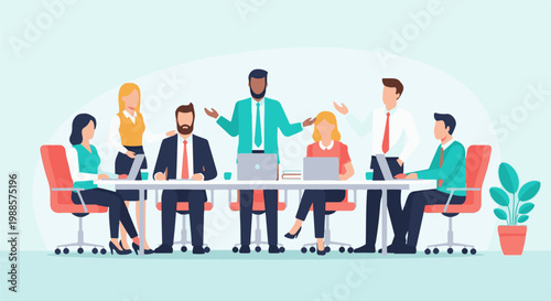 Diverse team in a business meeting, discussing plans around a conference table with laptops