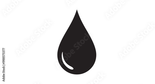 A simple black silhouette of a single water droplet on white