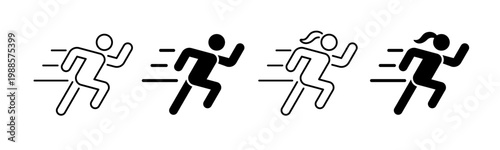Set of outline and flat icons of running fast Male and female. Full Vector symbol collection