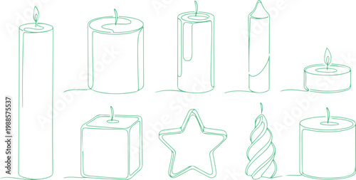 Collection of various stylized candle shapes with wicks illustrated in minimalist line art design