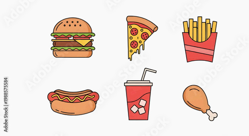 Fast food vector icons set with burger pizza fries hot dog and taco