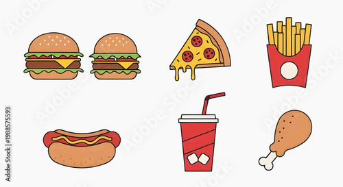 Fast food icons vector pack with hot dog taco and soda cup
