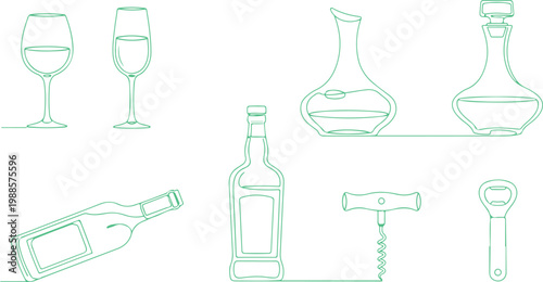 Collection of wine accessories and serving tools including glasses bottles decanters and bottle opener isolated design