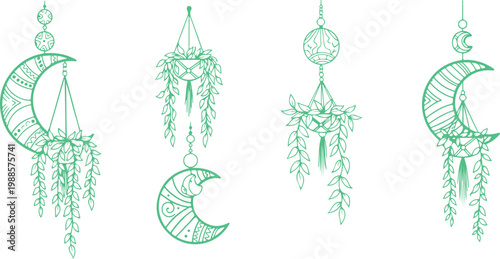 Elegant green minimalist moon phase wall hangings with leafy vines and geometric designs isolated on transparent background