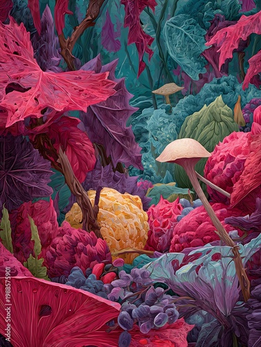 A vibrant and whimsical forest scene featuring colorful plants and mushrooms