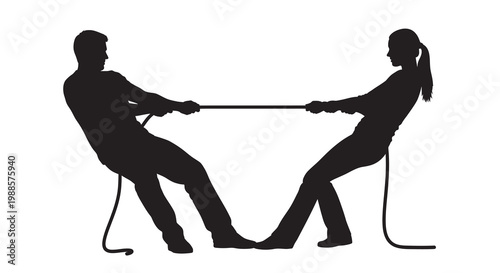 Silhouette of a man and woman engaged in a tug of war competition