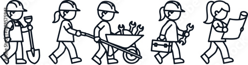 Construction workers team with tools isolated on transparent background vector.