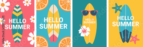 Colorful Hello Summer Surfboard Greeting Designs With Tropical Elements