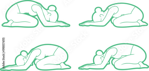 Illustrations of yoga poses showing various stages of cat cow stretch exercise on transparent background