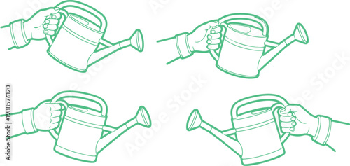 Illustrations of hands pouring water from a watering can in various gardening positions