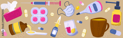 Vibrant seasonal cold and flu set of various treatments including a thermometer, nasal spray, cough syrup, pills, tissues, and a hot lemon drink. Perfect for healthcare, pharmacy, and illness themes.
