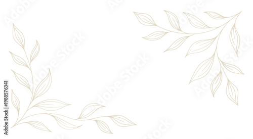 Minimalist golden floral line art design featuring decorative leaf branches in corners perfect for greeting cards stationary and orga