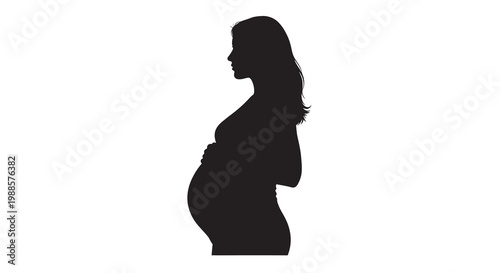 Silhouette of a pregnant woman in profile against a white background