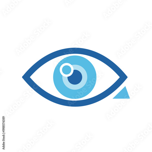 A minimalist blue graphic representation of a human eye, featuring concentric circles for the iris and a small triangle element on the right side.