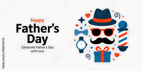 Happy Fathers Day celebration graphic with icons of fatherhood and grooming style