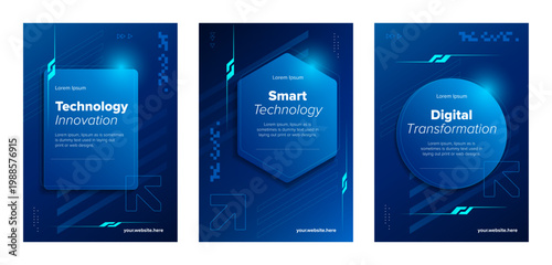 Technology concept poster set. Business AI digital vector template with blue element background. 