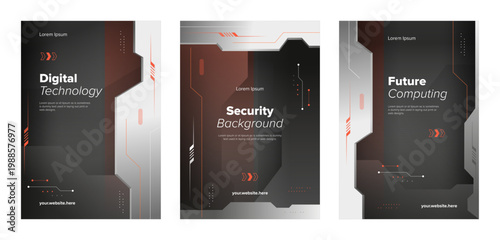 Digital robotic concept poster set. Black modern technology business vector template with geometric and line background.