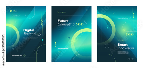 Modern hi-tech poster set. Abstract green digital business vector template background.