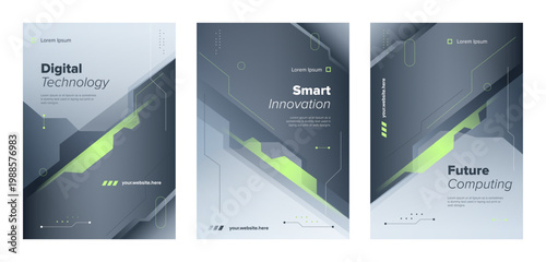 Abstract green grey digital poster set. Vector robotic gaming template background.
