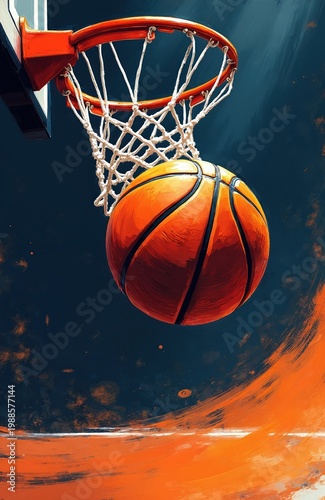 Basketball suspended mid-air near hoop, motion blur effect in background. Dynamic sports art illustration captures game intensity. Action shot, slam dunk anticipation, athletic skill.