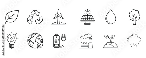Set of ecology and environment line icons, vector illustration of sustainable energy and nature conservation 