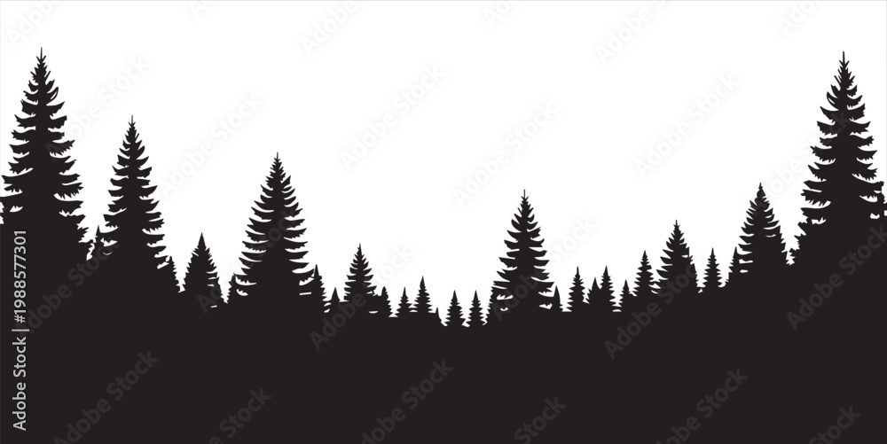 Fototapeta premium Forest of Christmas fir trees silhouette. Coniferous spruce panorama. Park of evergreen wood. Vector on white background