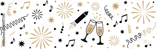 Fireworks new year doodle golden confetti firecracker sparkle festive celebration hand drawn vector illustration