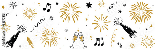 Fireworks new year doodle golden confetti firecracker sparkle festive celebration hand drawn vector illustration