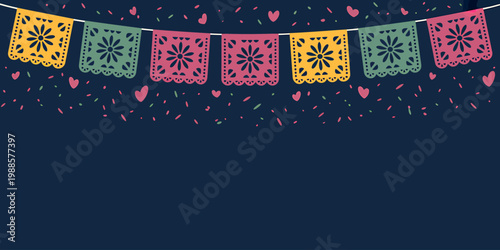 Festive colorful papel picado banners and confetti celebrating a joyous occasion with decorative elements